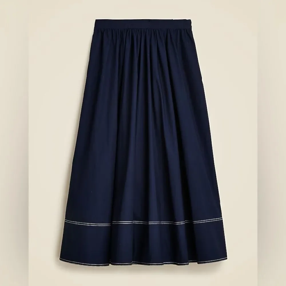 NWT J CREW Contrast-stitch midi skirt in cotton poplin in dark navy